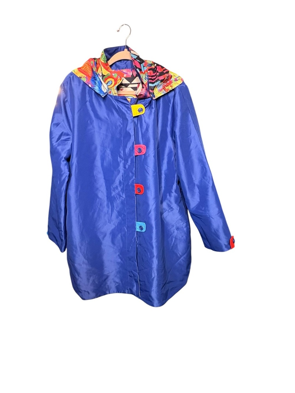Oopera Royal Blue Reversible Colorful Trench/Rain Hooded Coat